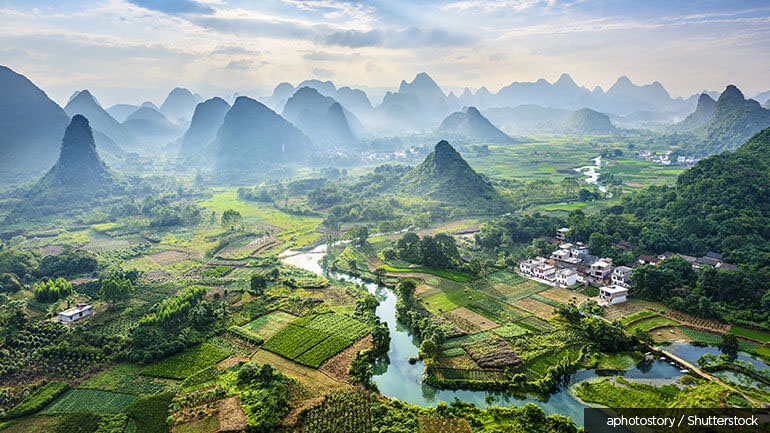 The Li River and Karst mountains near Guilin City in China