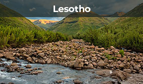A stream runs through the Maluti Mountains at sunset in Lesotho
